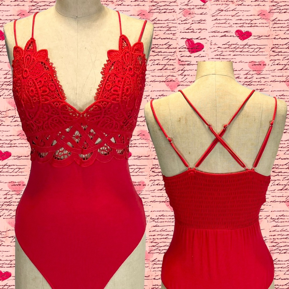 Red hot lace cutout bodysuit one piece strappy tank smocked stretchy y2k club
